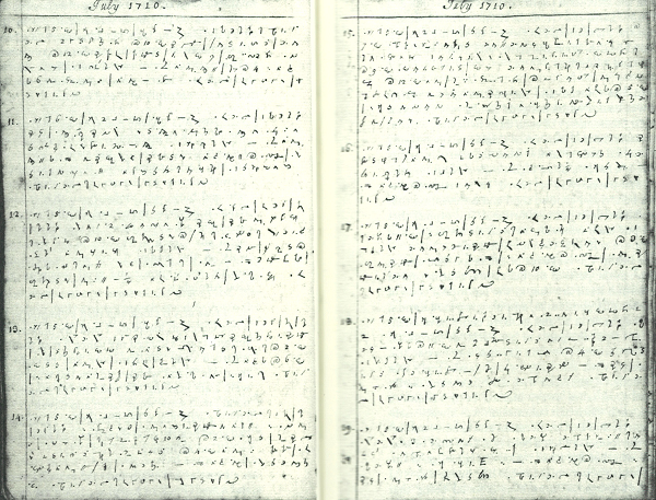Diary of William Byrd II. By William Byrd II in 1710 (Scan from scienceblogs.de)