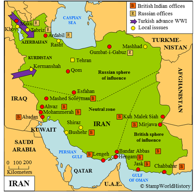 A map of Iran when Russia and Britain took over some parts of it.