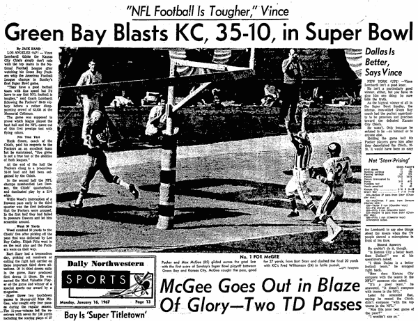 Recap of Super Bowl I on January 15, 1967 in LA