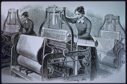 Lowell Mill workers operating the mechanical looms.