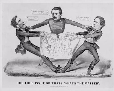 The image depicts Abraham Lincoln and Stephen Douglas fighting over a ...