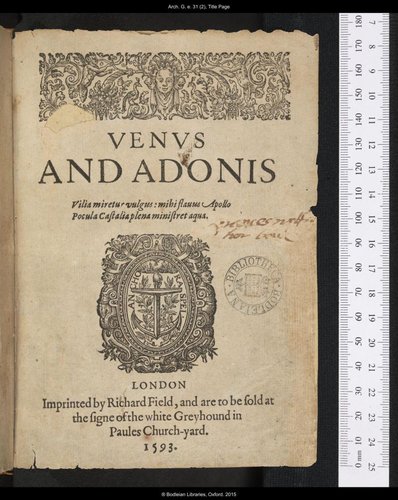 1593: Shakespeare’s first printed poem, Venus and Adonis, appears