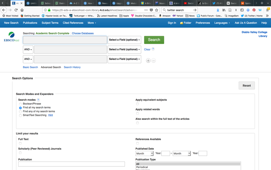 Academic Search Complete advanced search page.