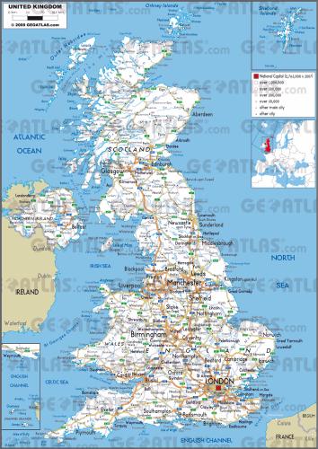 A road map that shows all of the major roads in the United Kingdom.