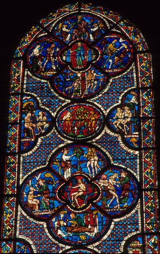 Stained Glass Window in South Aisle, Story of Adam and Eve photographed ...