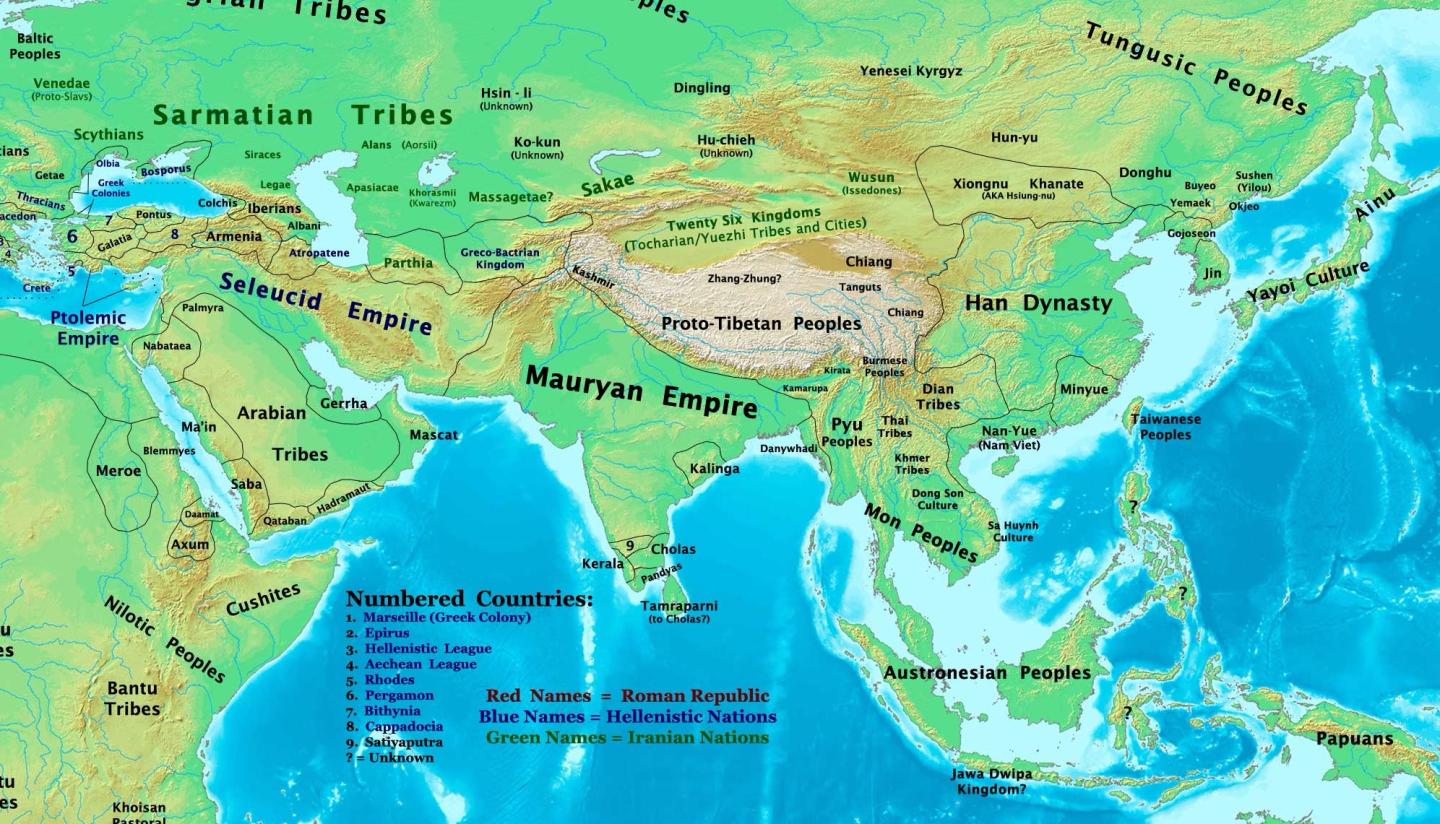 Map of the eastern hemisphere around 200 BC (detail). Made by Thomas A ...