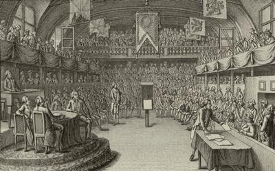 The National Convention holds King Louis XVI on trial in this drawing ...