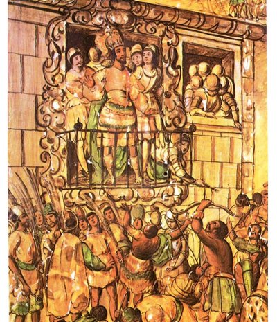 Pintura representativa de Moctezuma Xocoyotzin, asomado en el balcón con la soga al cuello. (1520).