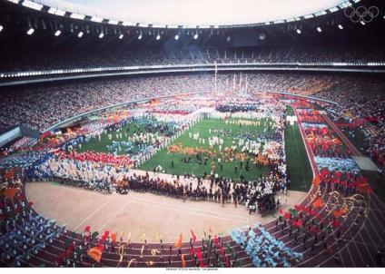 The 1976 Summer Olympic Stadium with an open roof.