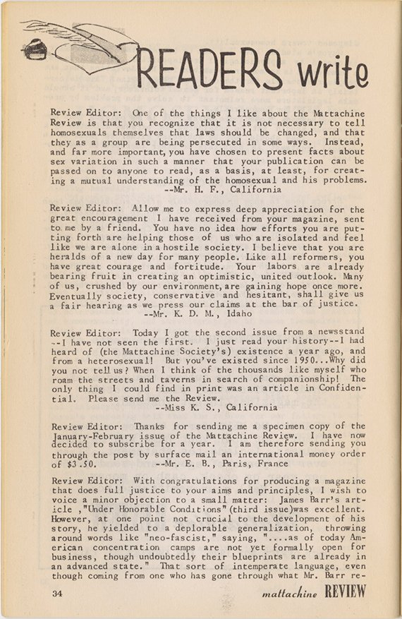 The Mattachine Society, “Readers write,” Mattachine Review, Issue 4