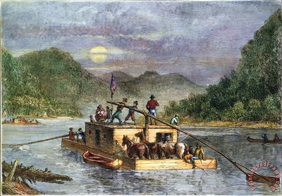 Lincoln's flat boat going down the Mississippi.