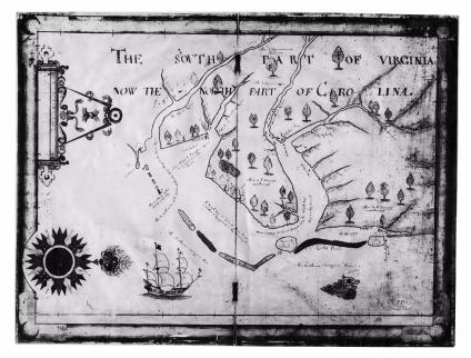 Nicholas Comberford's 1657 map of Southern Virginia. Image from LearnNC.org