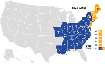 Map of the election of 1828. Jackson is blue, Adams is orange.