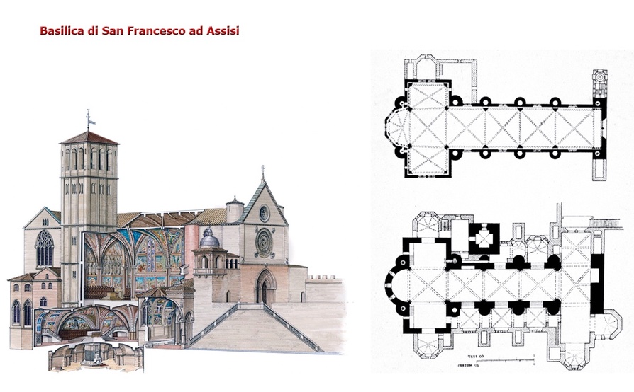 Spaccato assonometrico e pianta della Basilica di San Francesco 1228-1239