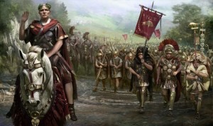 Caesar marching his troops into Rome.