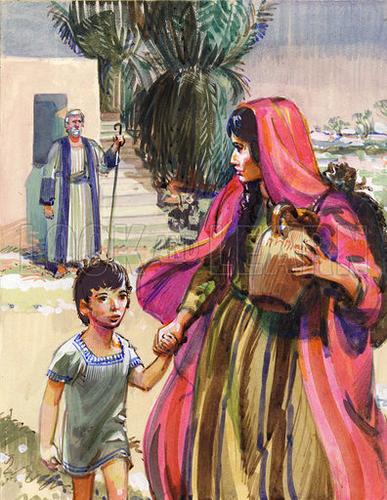 Hagar leaving with Ishmael because of abuse.